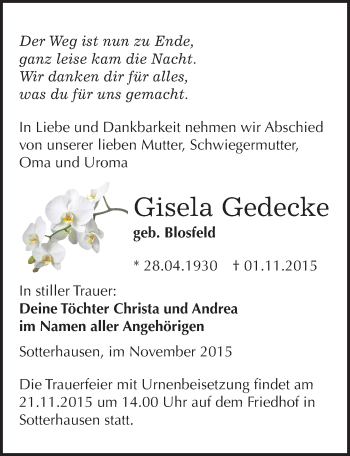 Traueranzeige von Gisela Gedescke von Mitteldeutsche Zeitung Sangerhausen