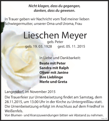 Traueranzeige von Lieschen Meyer von WVG - Wochenspiegel NMB / WSF / ZTZ