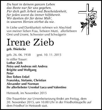 Traueranzeige von Irene Zieb von Mitteldeutsche Zeitung Mansfelder Land