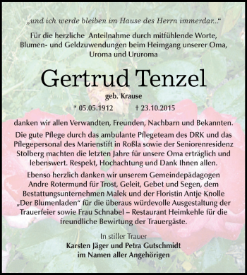 Traueranzeige von Gertrud Tenzel von Super Sonntag SGH Mansf. Land