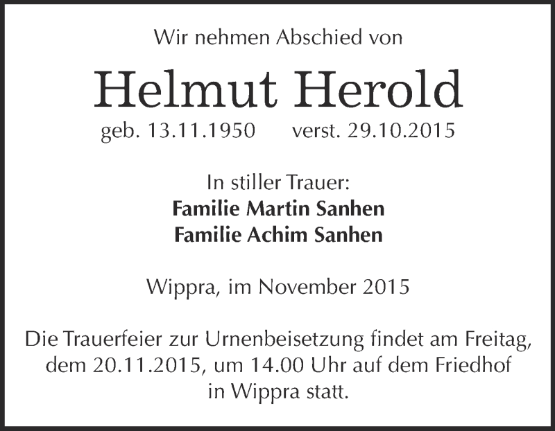  Traueranzeige für Helmut Herold vom 14.11.2015 aus Super Sonntag SGH Mansf. Land
