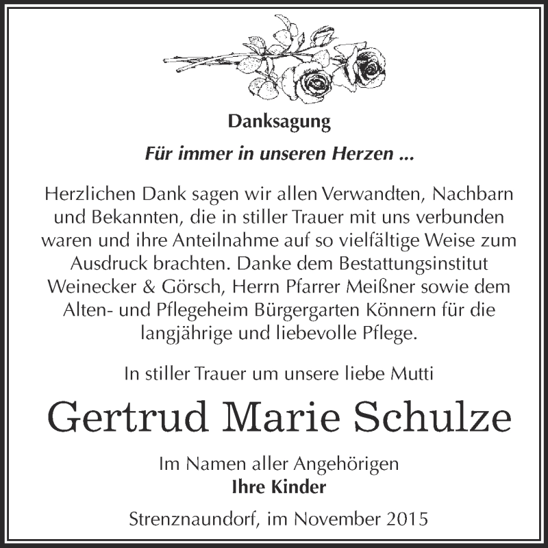  Traueranzeige für Gertrud Marie Schulze vom 21.11.2015 aus Super Sonntag Bernburg