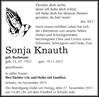 Traueranzeige von Sonja Knauth von Mitteldeutsche Zeitung Quedlinburg