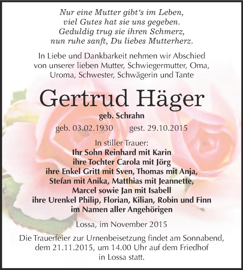  Traueranzeige für Gertrud Häger vom 04.11.2015 aus WVG - Wochenspiegel NMB / WSF / ZTZ