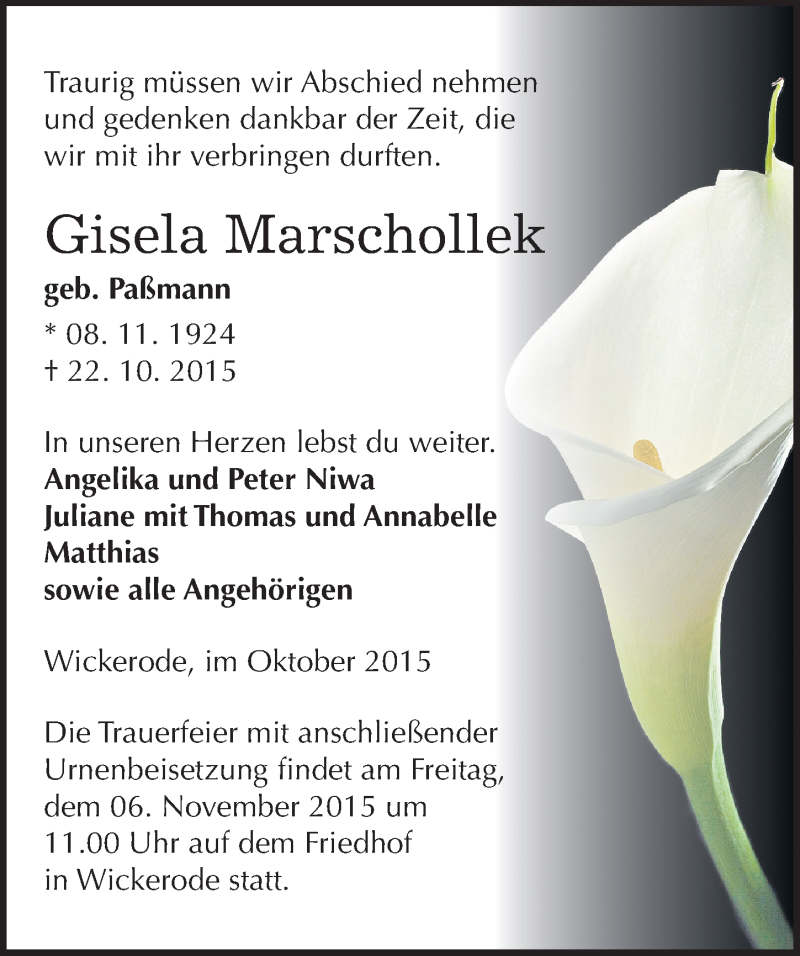  Traueranzeige für Gisela Marschollek vom 03.11.2015 aus Mitteldeutsche Zeitung Sangerhausen