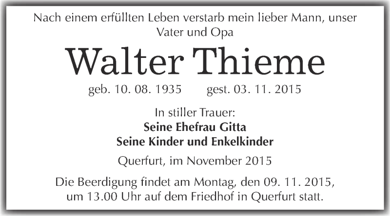  Traueranzeige für Walter Thieme vom 07.11.2015 aus WVG - Wochenspiegel Merseburg