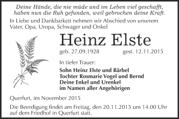 Traueranzeige von Heinz Elste von WVG - Wochenspiegel Merseburg
