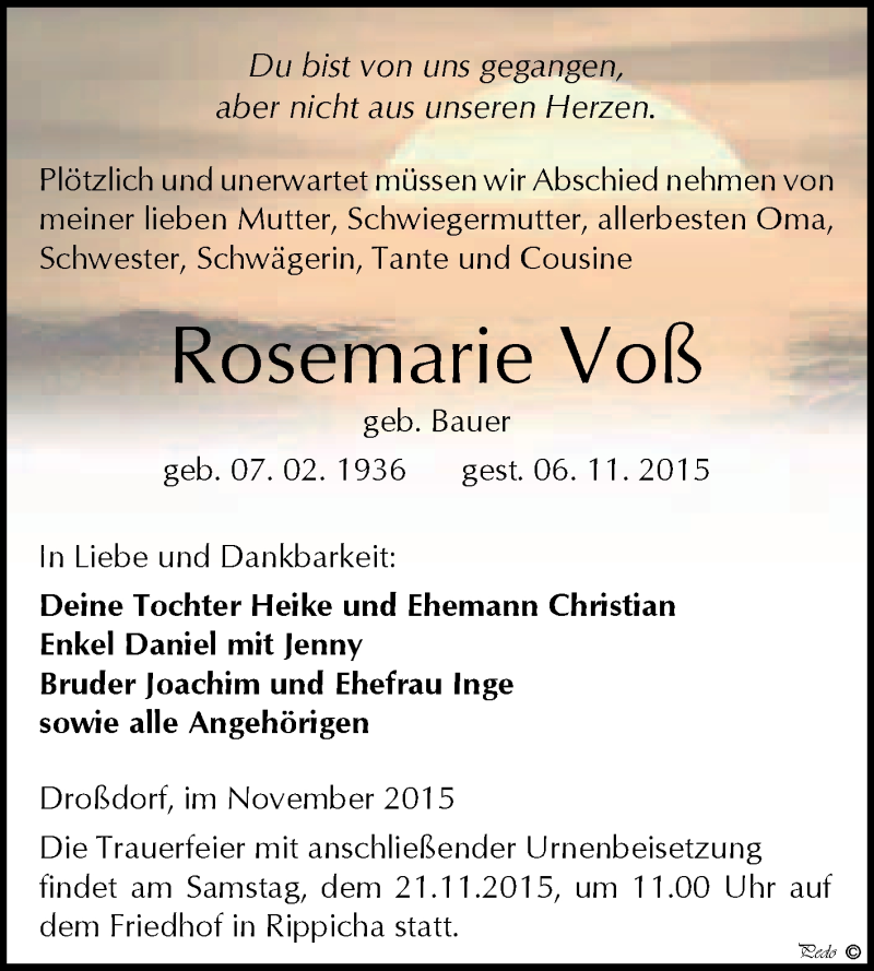  Traueranzeige für Rosemarie Voß vom 18.11.2015 aus WVG - Wochenspiegel NMB / WSF / ZTZ
