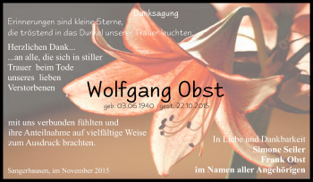 Traueranzeige von Wolfgang Obst von Super Sonntag SGH Mansf. Land