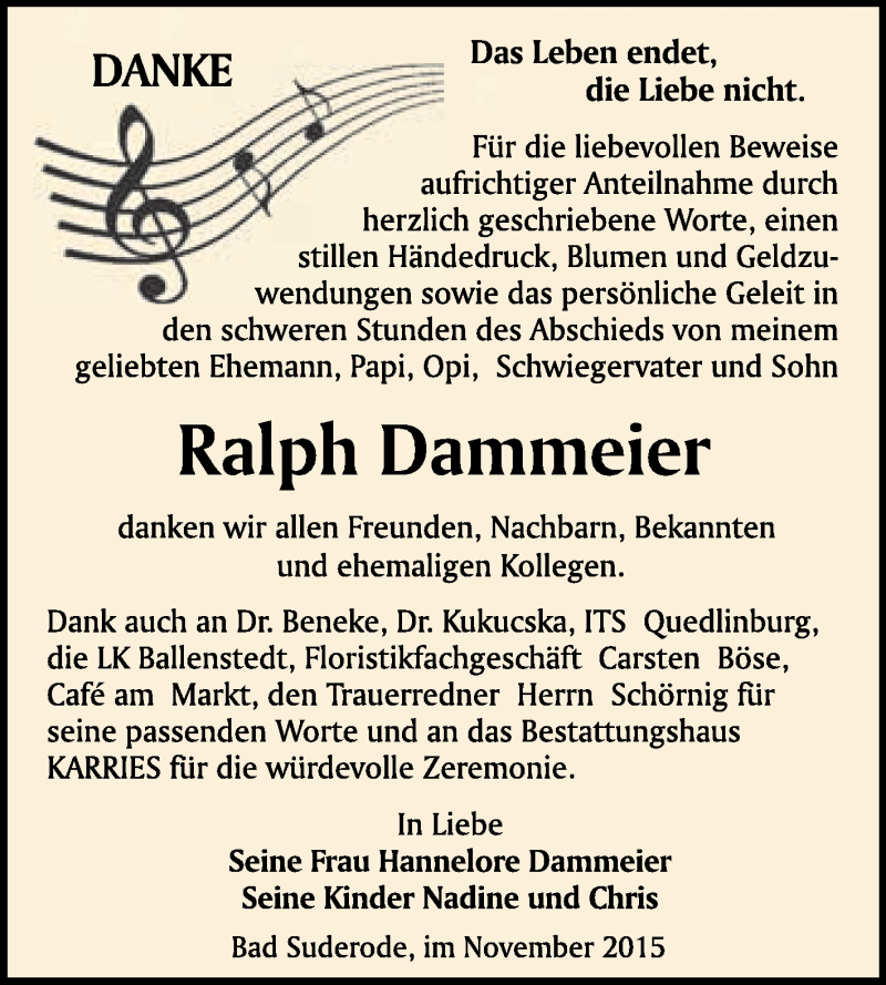  Traueranzeige für Ralph Dammeier vom 21.11.2015 aus WVG - Wochenspiegel Quedlinburg