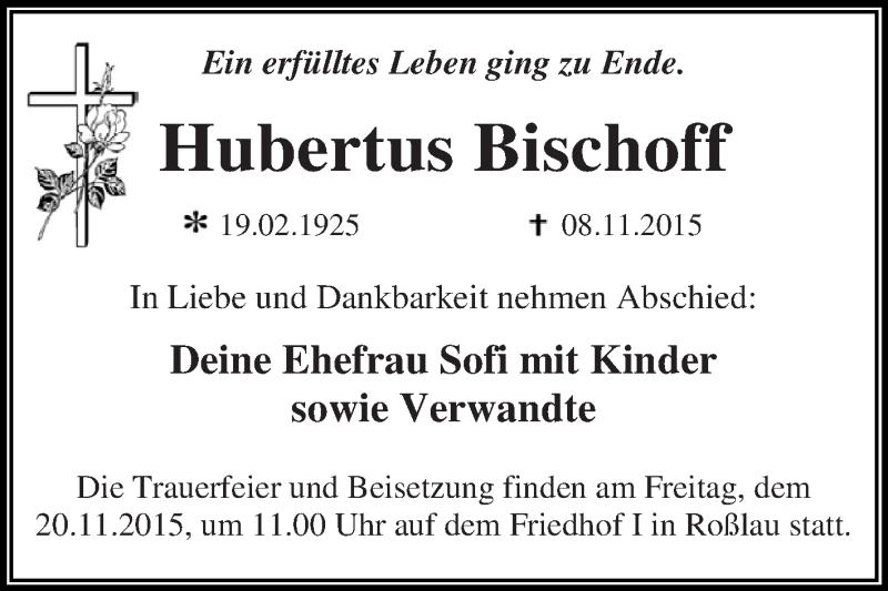 Traueranzeige für Hubertus Bischoff vom 18.11.2015 aus WVG - Wochenspiegel Dessau / Köthen