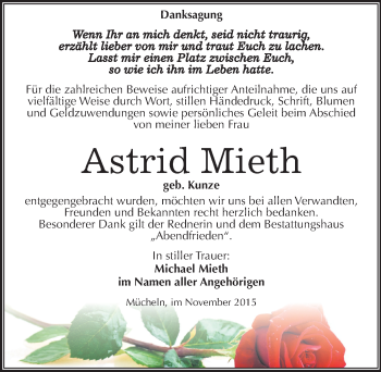 Traueranzeige von Astrid Mieth von Mitteldeutsche Zeitung Merseburg/Querfurt