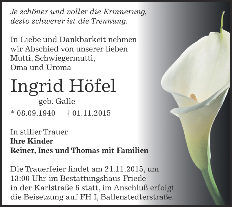  Traueranzeige für Ingrid Höfel vom 14.11.2015 aus WVG - Wochenspiegel Dessau / Köthen