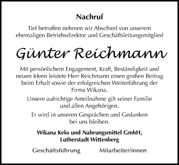 Traueranzeige von Günter Reichmann von Mitteldeutsche Zeitung Wittenberg