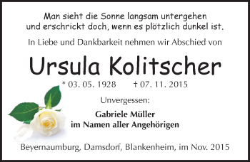 Traueranzeige von Ursula Kolitscher von Mitteldeutsche Zeitung Sangerhausen