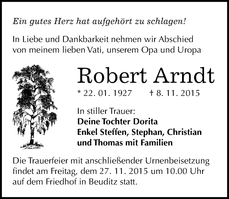  Traueranzeige für Robert Arndt vom 21.11.2015 aus Mitteldeutsche Zeitung Halle/Saalkreis