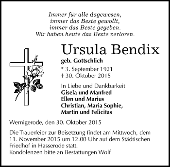 Traueranzeige von Ursula Bendix von Mitteldeutsche Zeitung Quedlinburg
