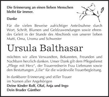 Traueranzeige von Ursula Balthasar von WVG - Wochenspiegel Dessau / Köthen