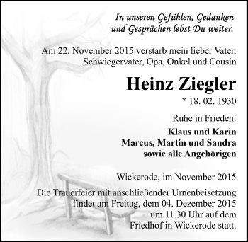 Traueranzeige von Heinz Ziegler von Mitteldeutsche Zeitung Sangerhausen