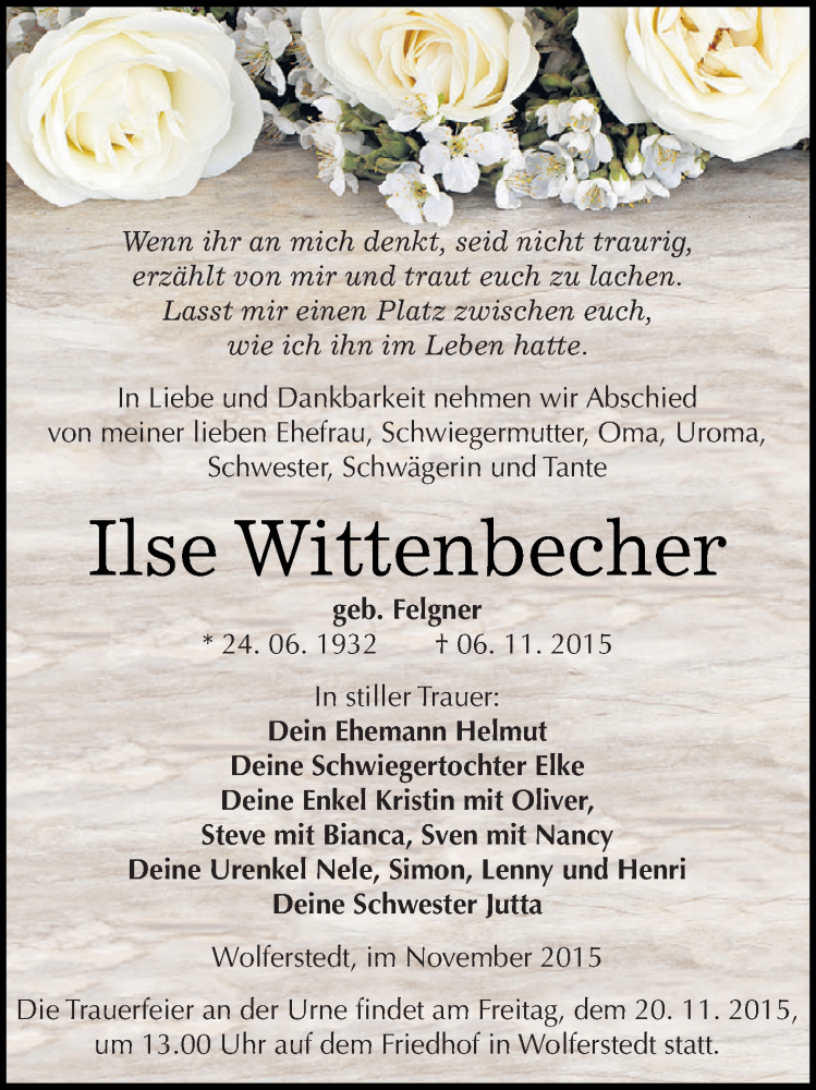  Traueranzeige für Ilse Wittenbecher vom 14.11.2015 aus Super Sonntag SGH Mansf. Land