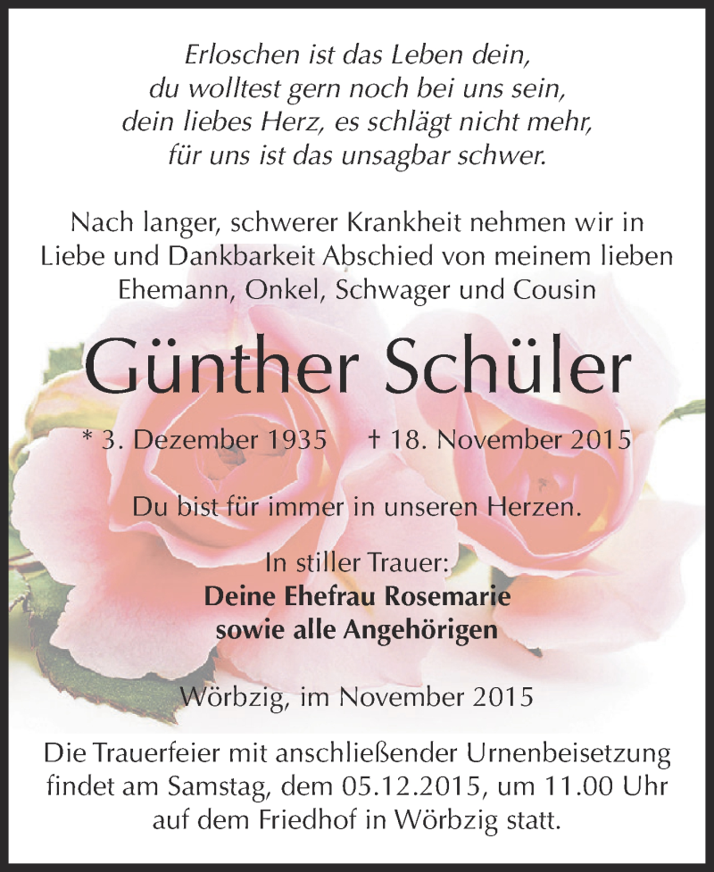  Traueranzeige für Günther Schüler vom 28.11.2015 aus WVG - Wochenspiegel Dessau / Köthen