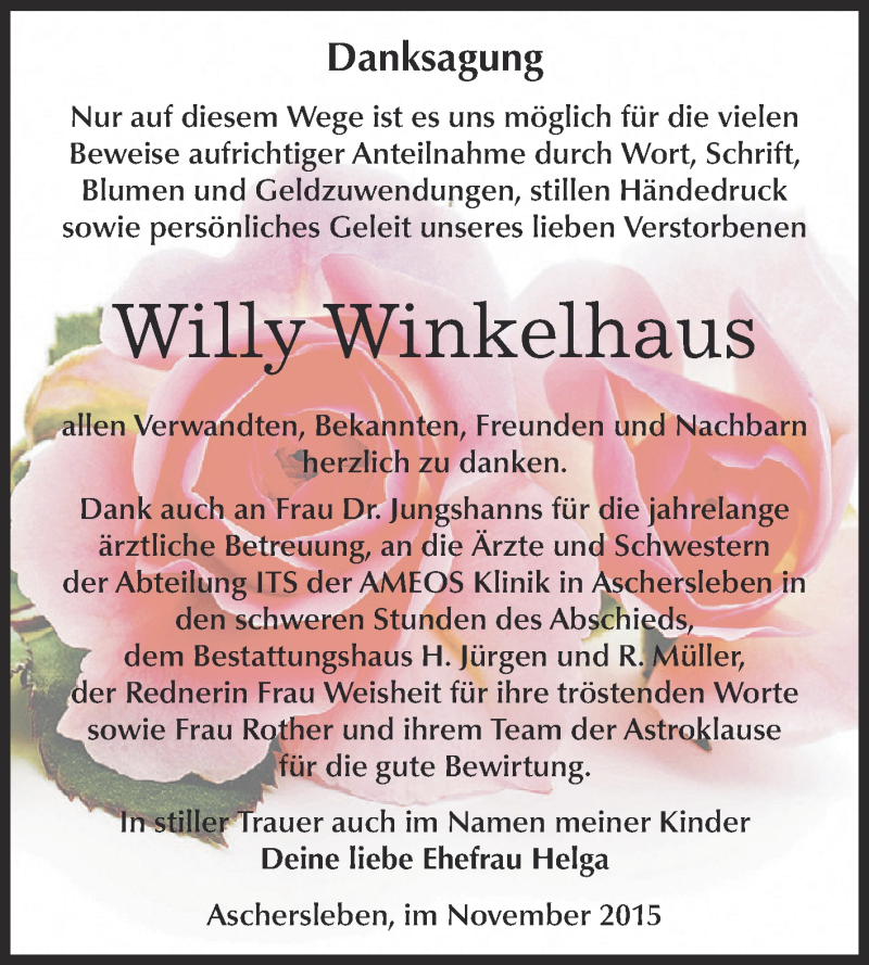  Traueranzeige für Willy Winkelhaus vom 07.11.2015 aus Super Sonntag Aschersleben