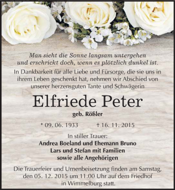 Traueranzeige von Elfriede Peter von Mitteldeutsche Zeitung Mansfelder Land