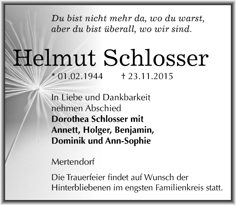 Traueranzeige für Helmut Schlosser vom 28.11.2015 aus Mitteldeutsche Zeitung Naumburg/Nebra