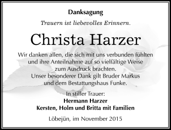 Traueranzeige von Christa Harzer von Mitteldeutsche Zeitung Halle/Saalkreis