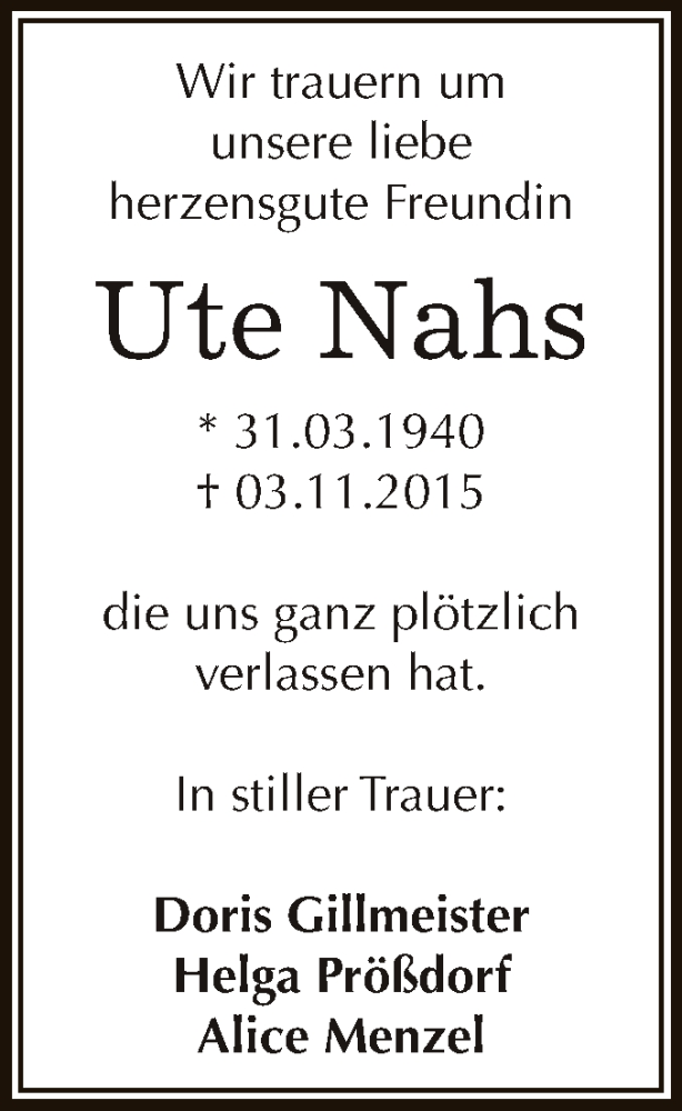  Traueranzeige für Ute Nahs vom 07.11.2015 aus WVG - Wochenspiegel Dessau / Köthen