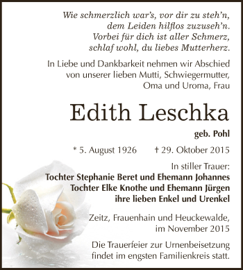 Traueranzeige von Edith Leschka von Super Sonntag Zeitz