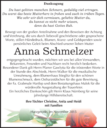 Traueranzeige von Anna Schmelzer von Mitteldeutsche Zeitung Quedlinburg