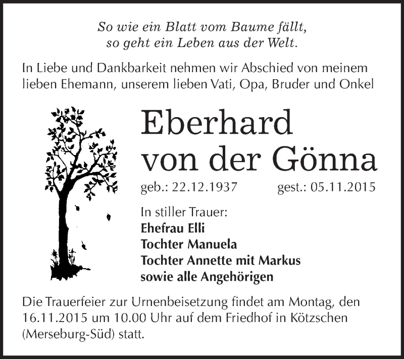  Traueranzeige für Eberhard von der Gönna vom 11.11.2015 aus WVG - Wochenspiegel Merseburg