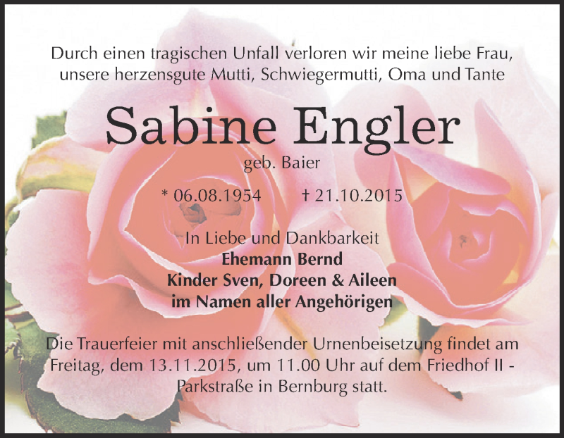  Traueranzeige für Sabine Engler vom 07.11.2015 aus Super Sonntag Bernburg