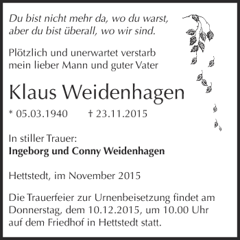Traueranzeige von Klaus Weidenhagen von Super Sonntag SGH Mansf. Land