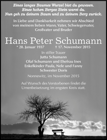 Traueranzeige von Hans Peter Schumann von Mitteldeutsche Zeitung Zeitz