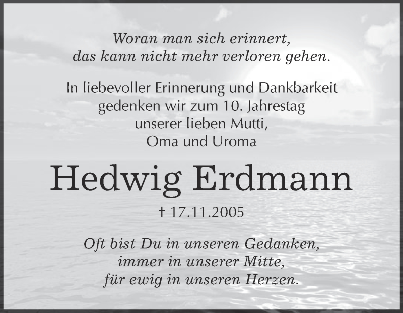  Traueranzeige für Hedwig Erdmann vom 14.11.2015 aus Super Sonntag Quedlinburg