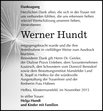 Traueranzeige von Werner Hundt von Mitteldeutsche Zeitung Mansfelder Land