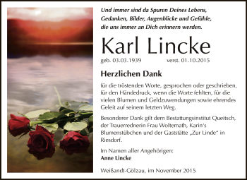 Traueranzeige von Karl Lincke von WVG - Wochenspiegel Dessau / Köthen