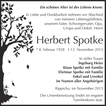 Traueranzeige von Herbert Spotke von Super Sonntag Zeitz