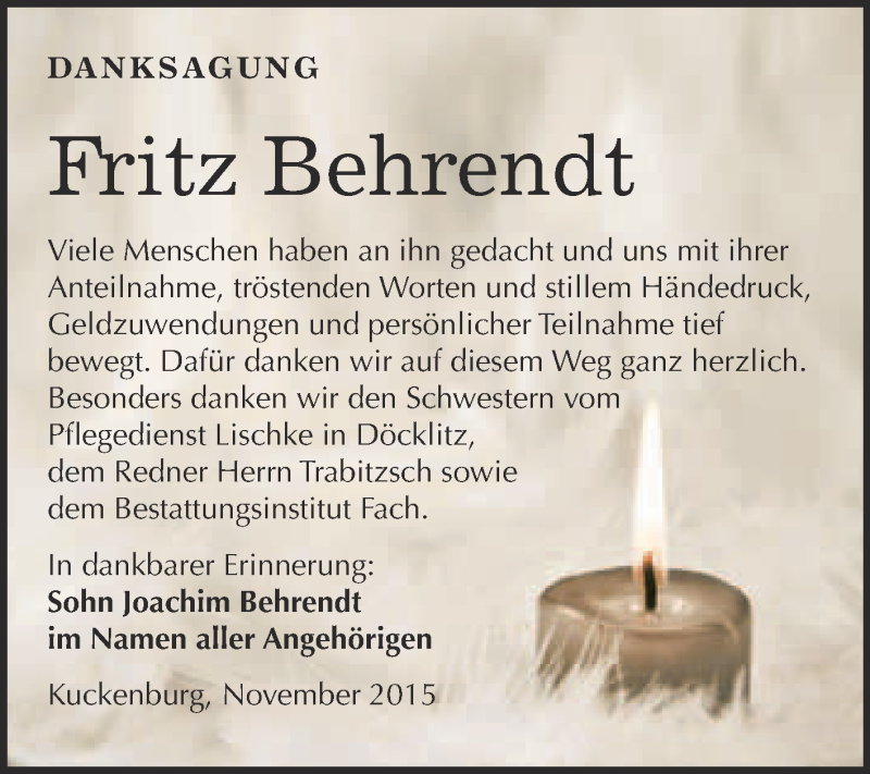  Traueranzeige für Fritz Behrendt vom 28.11.2015 aus Super Sonntag Merseburg