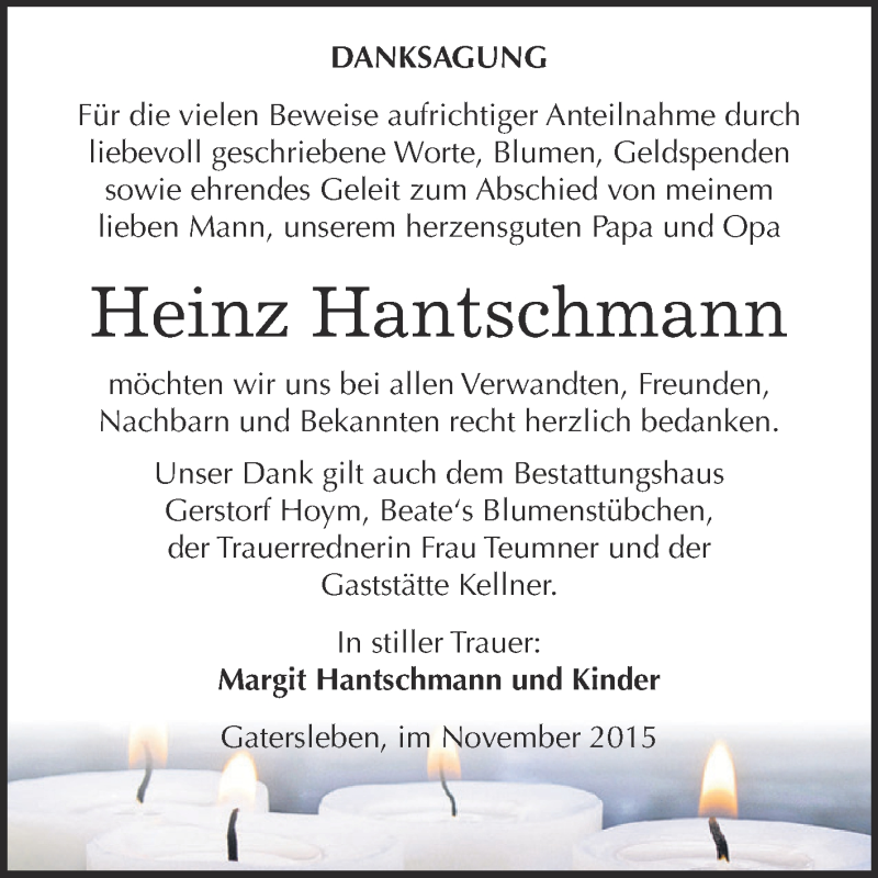  Traueranzeige für Heinz Hantschmann vom 21.11.2015 aus Super Sonntag Aschersleben