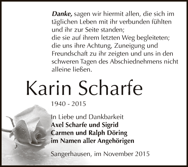  Traueranzeige für Karin Scharfe vom 28.11.2015 aus Super Sonntag SGH Mansf. Land