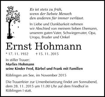 Traueranzeige von Ernst Hohmann von Mitteldeutsche Zeitung Mansfelder Land