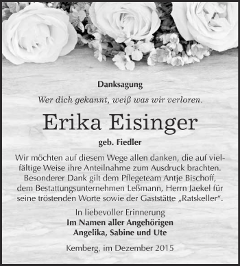 Traueranzeige von Erna Heidenreich von Mitteldeutsche Zeitung Köthen