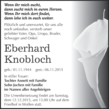 Traueranzeige von Eberhard Knobloch von WVG - Wochenspiegel Dessau / Köthen