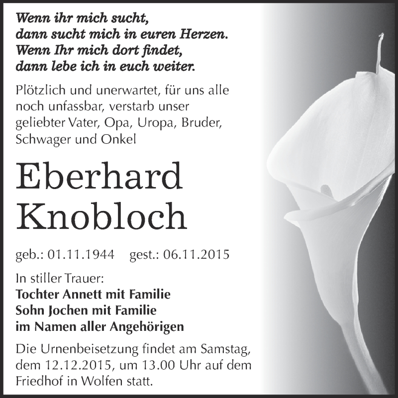  Traueranzeige für Eberhard Knobloch vom 28.11.2015 aus WVG - Wochenspiegel Dessau / Köthen