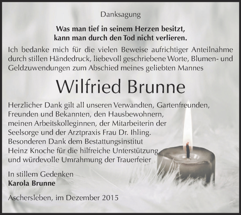  Traueranzeige für Wilfried Brunne vom 19.12.2015 aus Super Sonntag Aschersleben
