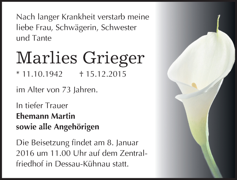  Traueranzeige für Marlies Grieger vom 19.12.2015 aus Mitteldeutsche Zeitung Dessau-Roßlau