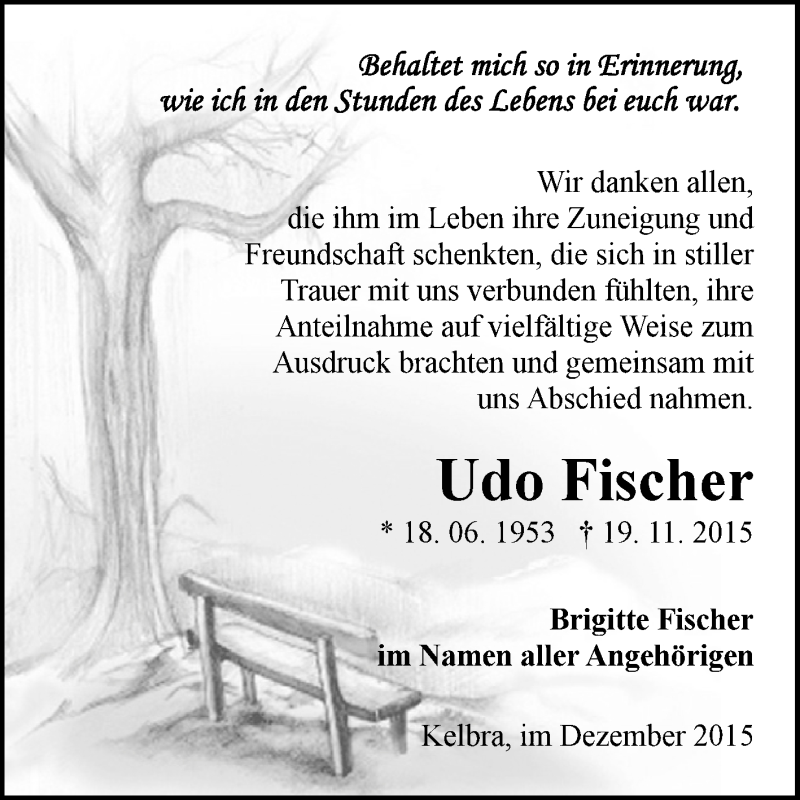  Traueranzeige für Udo Fischer vom 19.12.2015 aus Super Sonntag SGH Mansf. Land
